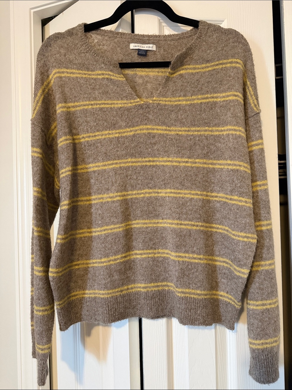 American Eagle Outfitters Taupe Sweater with Yellow Stripes V-Neck